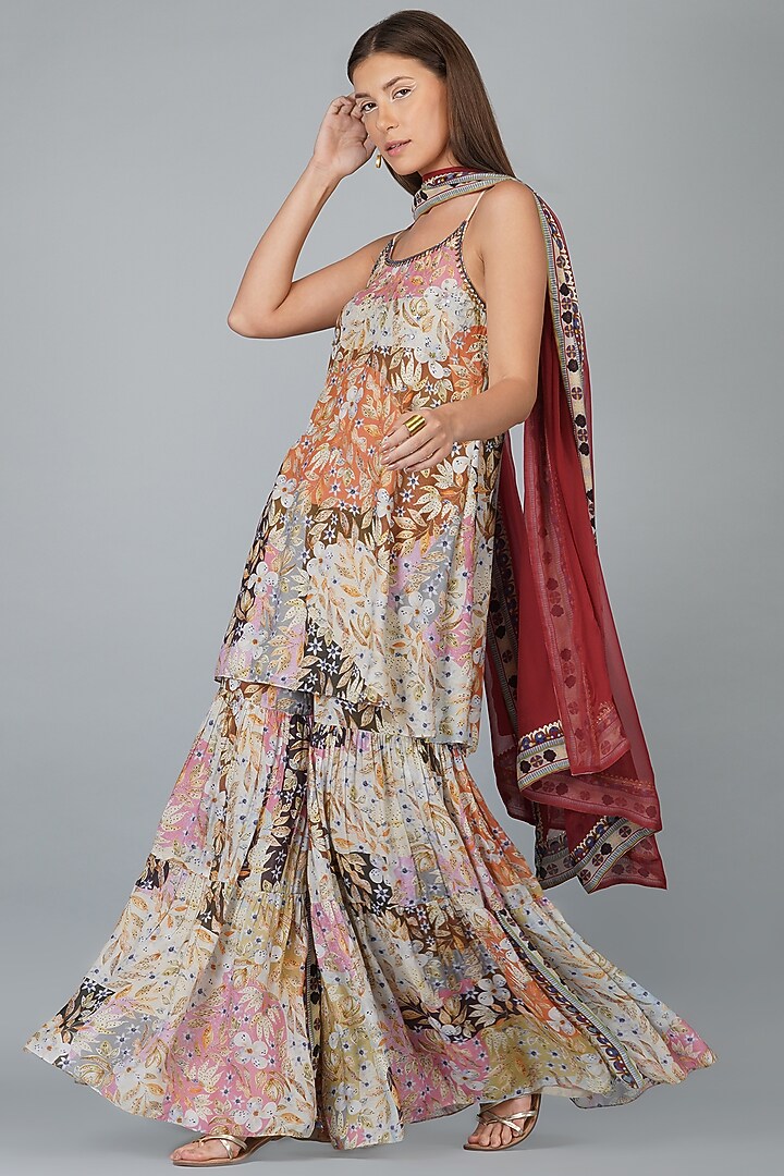Beige Viscose Muslin & Georgette Printed Gharara Set by Devyani Mehrotra at Pernia's Pop Up Shop