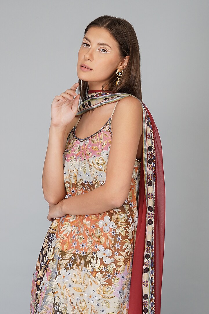 Beige Viscose Muslin & Georgette Printed Gharara Set by Devyani Mehrotra at Pernia's Pop Up Shop