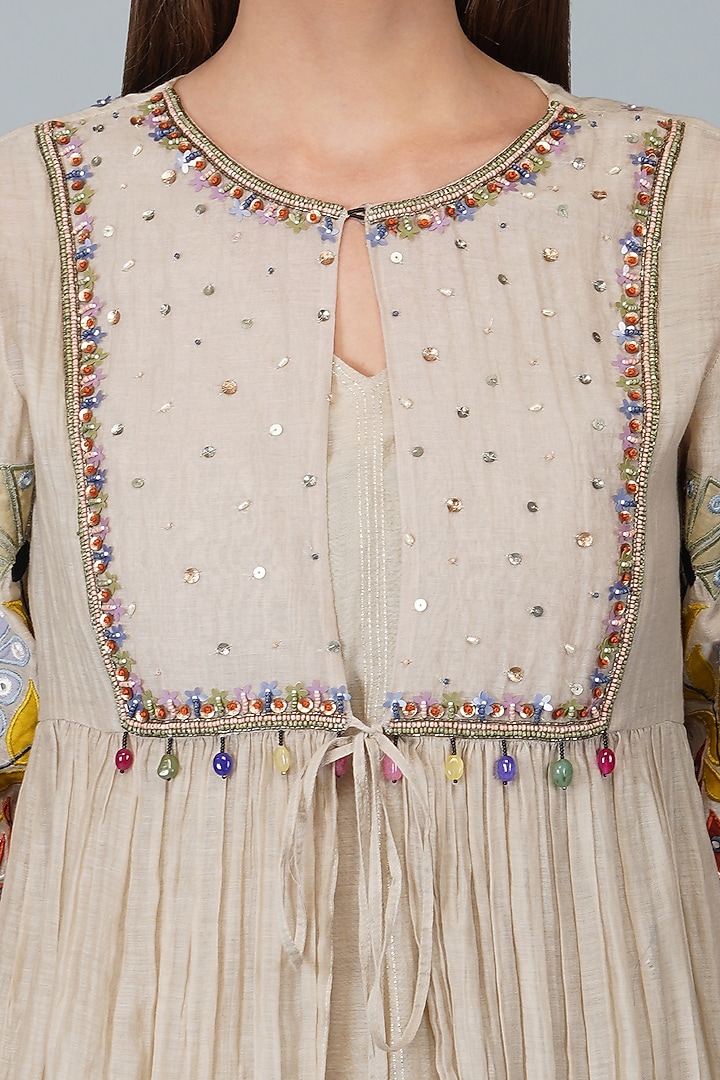 Beige Chanderi Embellished Jacket Kurta Set by Devyani Mehrotra at Pernia's Pop Up Shop
