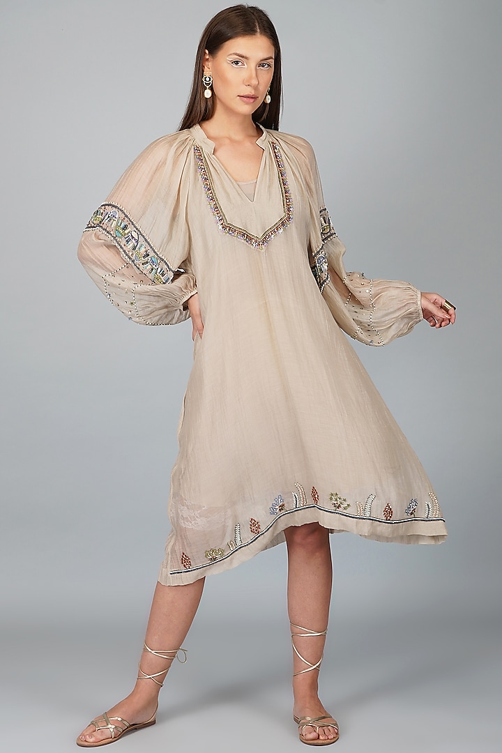 Beige Chanderi Embroidered Dress by Devyani Mehrotra