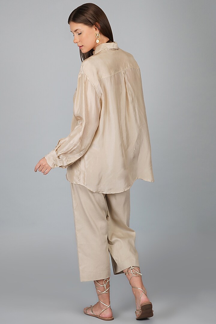 Beige Upada Silk Oversized Shirt by Devyani Mehrotra at Pernia's Pop Up Shop