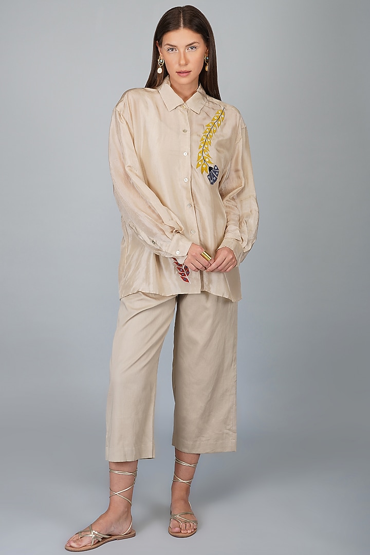 Beige Upada Silk Oversized Shirt by Devyani Mehrotra at Pernia's Pop Up Shop