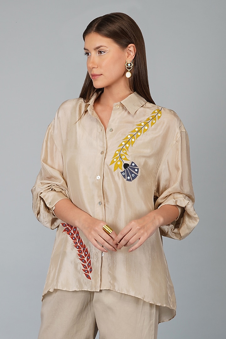 Beige Upada Silk Oversized Shirt by Devyani Mehrotra at Pernia's Pop Up Shop