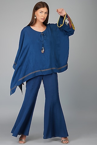 Cobalt Blue Double Georgette Applique Kaftan Set by Devyani Mehrotra