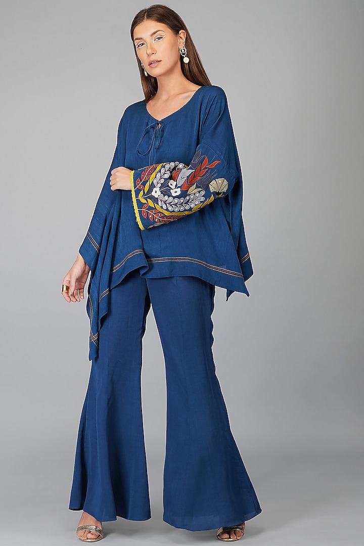 Cobalt Blue Double Georgette Applique Kaftan Set by Devyani Mehrotra at Pernia's Pop Up Shop