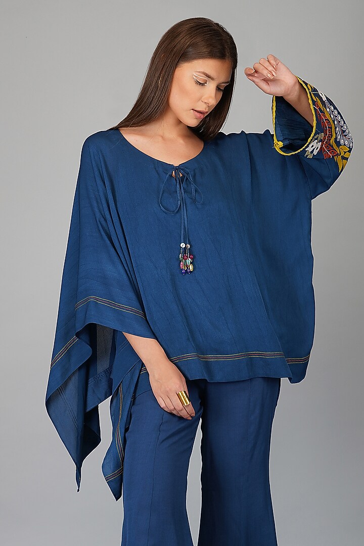 Cobalt Blue Double Georgette Applique Kaftan Set by Devyani Mehrotra at Pernia's Pop Up Shop