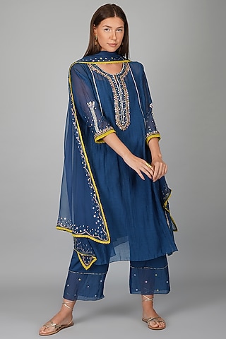 Cobalt Blue Chanderi Embroidered Kalidar Kurta Set by Devyani Mehrotra