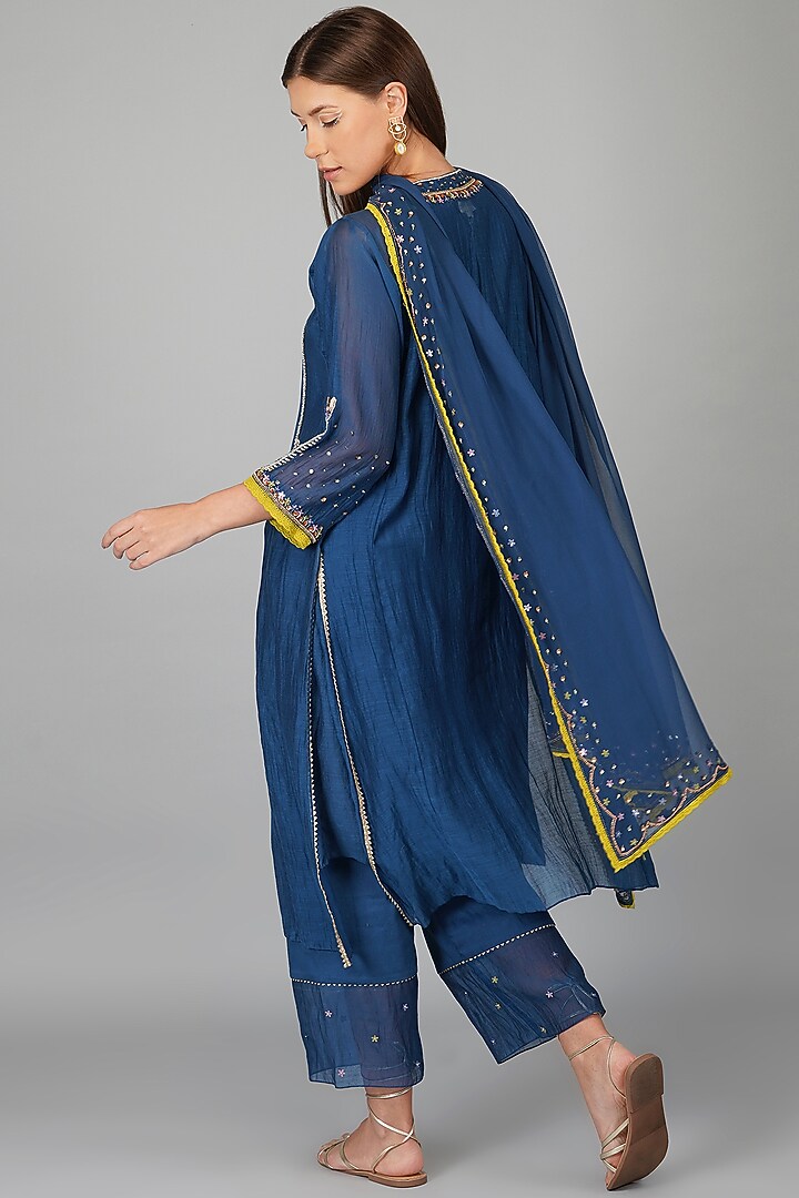 Cobalt Blue Chanderi Embroidered Kalidar Kurta Set by Devyani Mehrotra at Pernia's Pop Up Shop