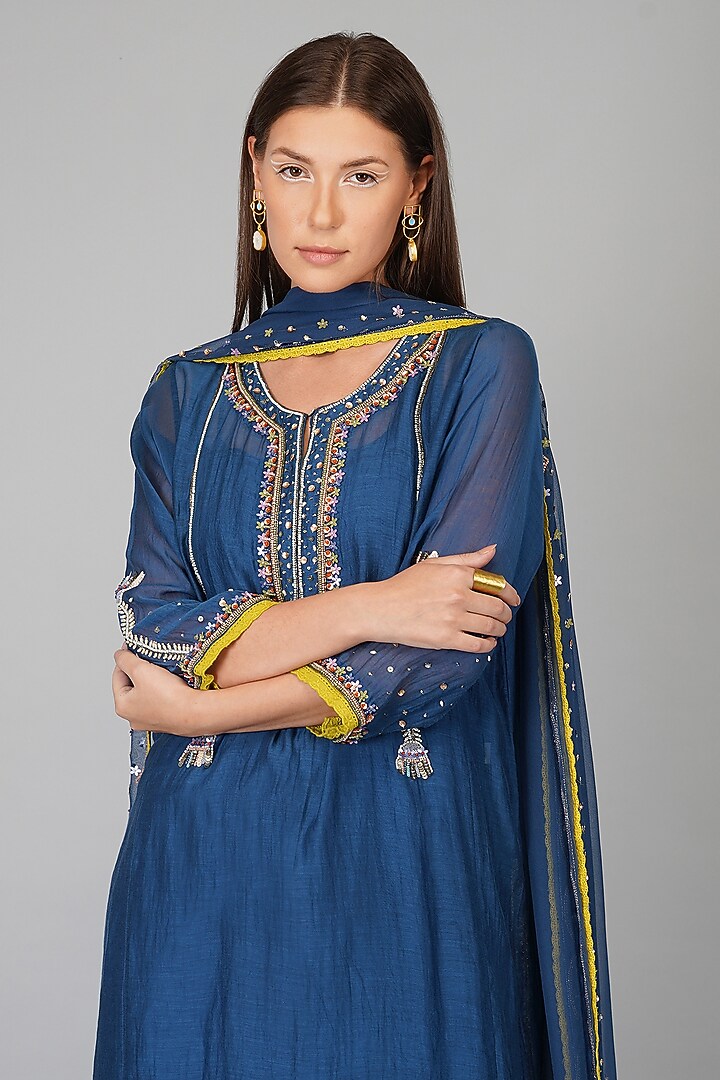 Cobalt Blue Chanderi Embroidered Kalidar Kurta Set by Devyani Mehrotra at Pernia's Pop Up Shop