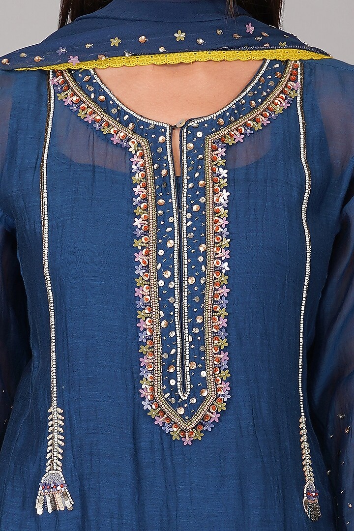 Cobalt Blue Chanderi Embroidered Kalidar Kurta Set by Devyani Mehrotra at Pernia's Pop Up Shop