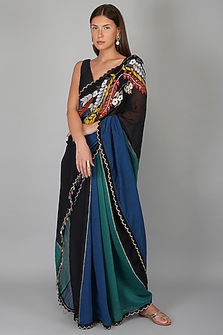 Black Chanderi Applique Saree Set by Devyani Mehrotra