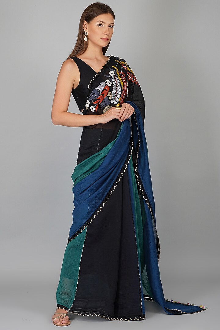 Black Chanderi Applique Party Wear Saree Set by Devyani Mehrotra at Pernia's Pop Up Shop