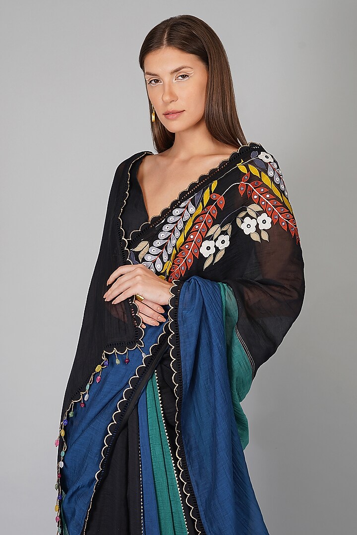 Black Chanderi Applique Party Wear Saree Set by Devyani Mehrotra at Pernia's Pop Up Shop