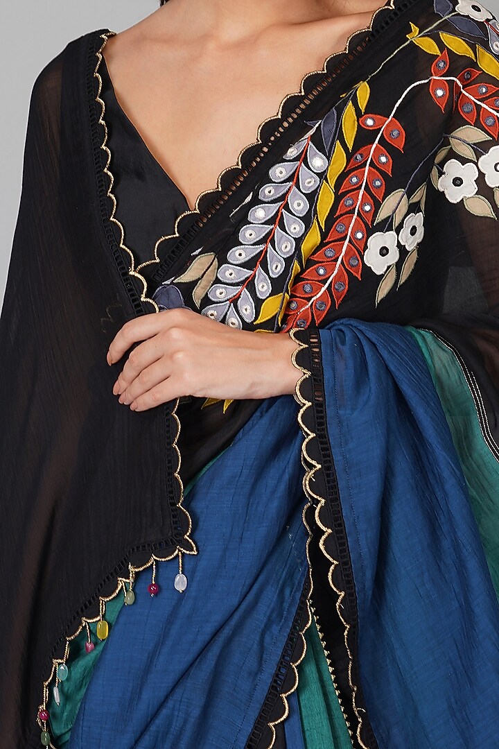 Black Chanderi Applique Party Wear Saree Set by Devyani Mehrotra at Pernia's Pop Up Shop