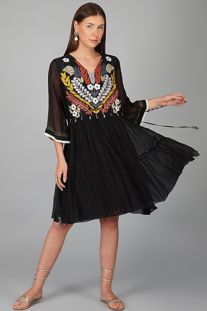 Black Chanderi Embroidered Tiered Dress by Devyani Mehrotra