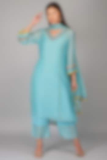 Turquoise Chanderi Embellished A-line Kurta Set by Devyani Mehrotra at Pernia's Pop Up Shop