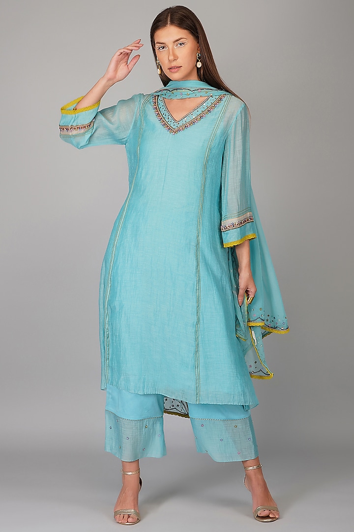 Turquoise Chanderi Embellished A-line Kurta Set by Devyani Mehrotra at Pernia's Pop Up Shop