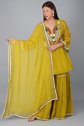 Lime Georgette & Chanderi Gharara Set by Devyani Mehrotra