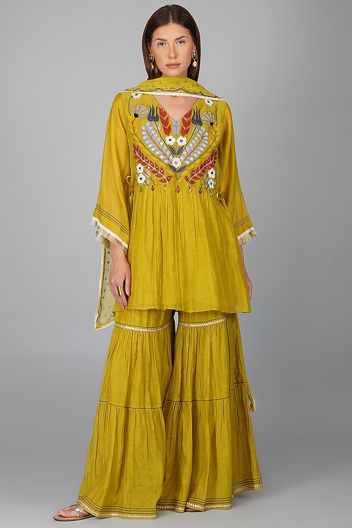Lime Georgette & Chanderi Gharara Set by Devyani Mehrotra at Pernia's Pop Up Shop
