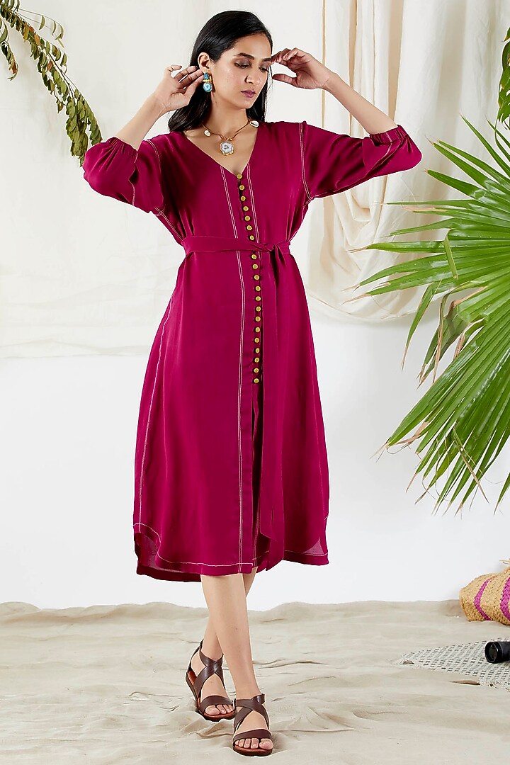 Fuchsia Belted Shirt Dress by Devyani Mehrotra at Pernia's Pop Up Shop