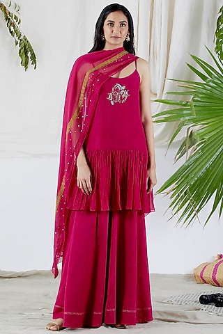 Fuchsia Glazed Cotton Embroidered Gharara Set by Devyani Mehrotra