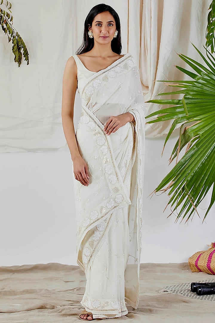 White Embroidered Saree Set by Devyani Mehrotra