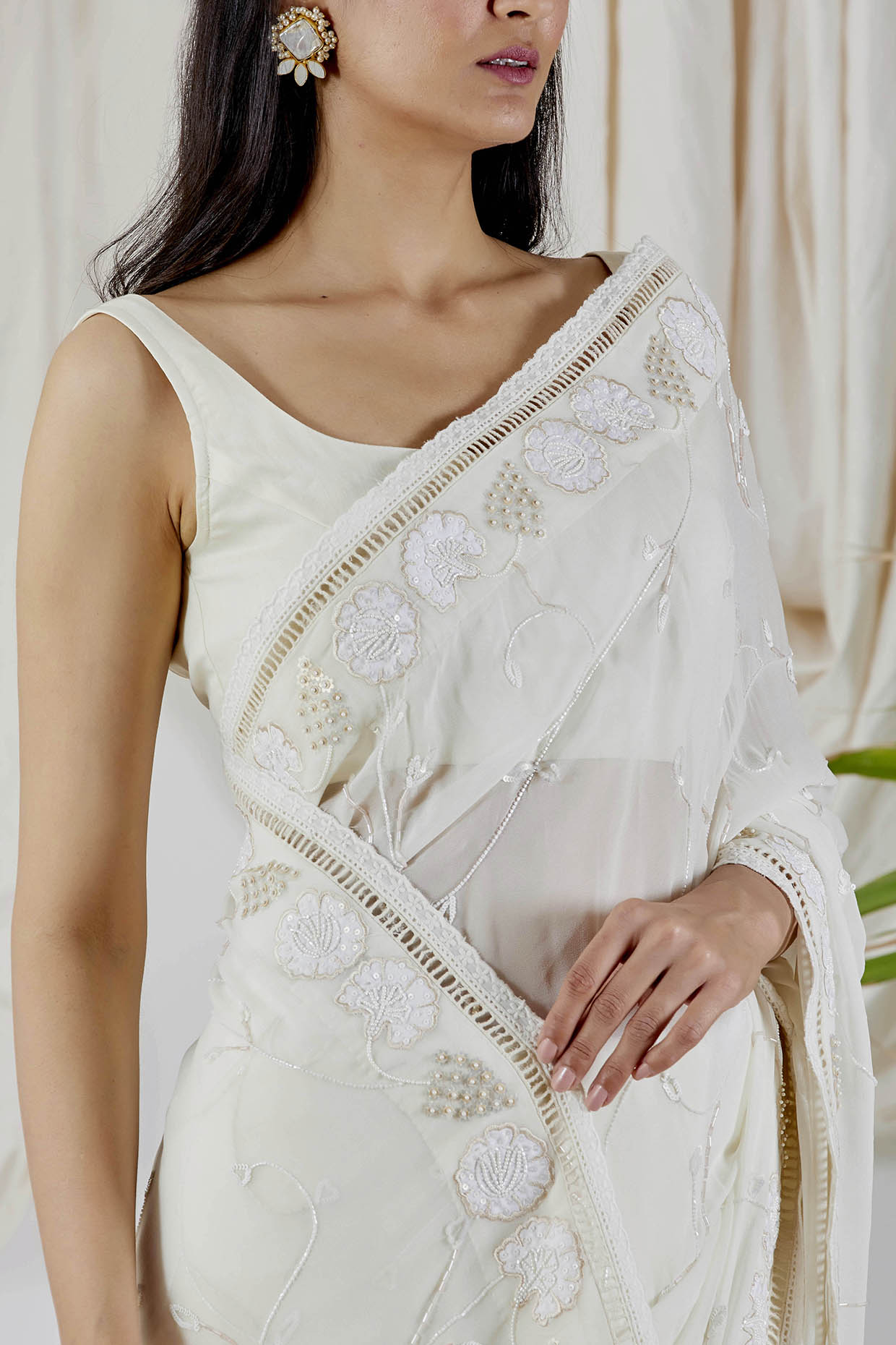 Shop White Embroidered Ruffles Blouse N Peach Saree Party Wear Online at  Best Price | Cbazaar