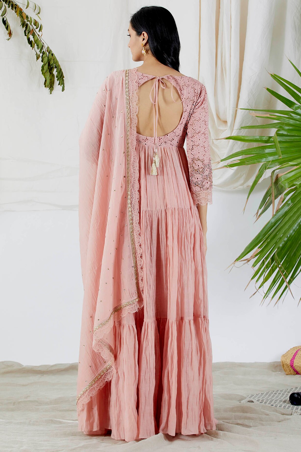 Blush Pink Pure Crepe Floral Embroidered Anarkali Set