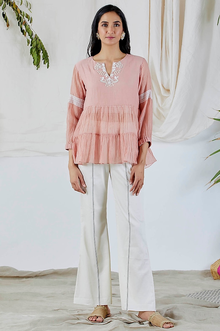 Blush Pink Embroidered Top by Devyani Mehrotra