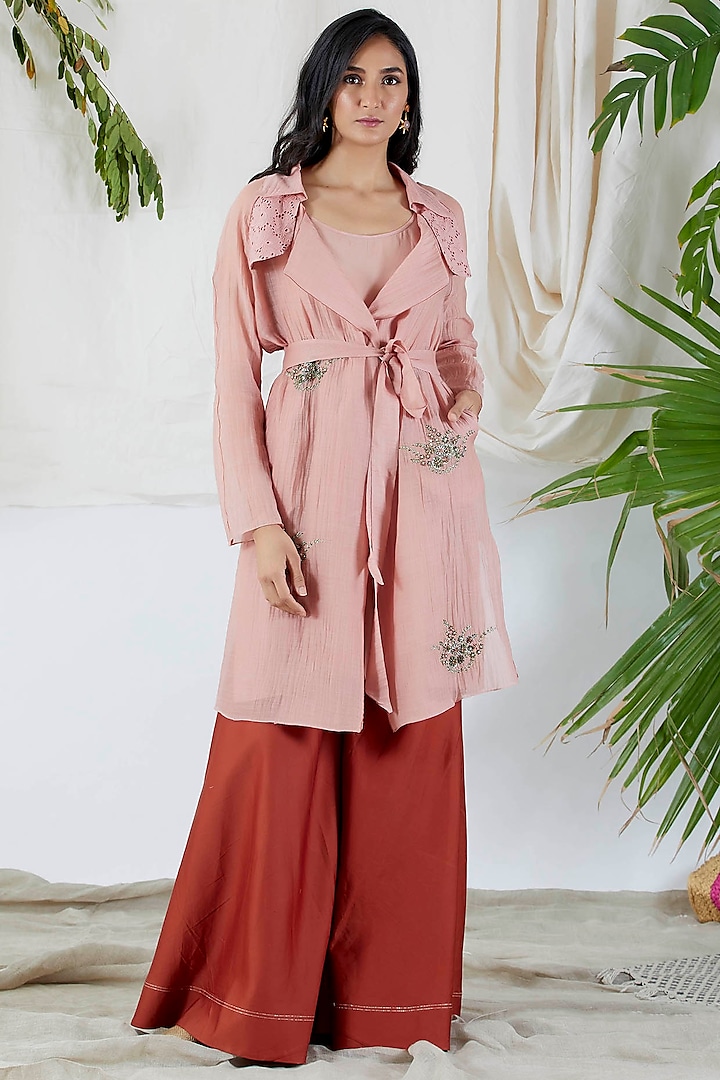 Blush Pink Chanderi Zardosi Embroidered Jacket Set by Devyani Mehrotra