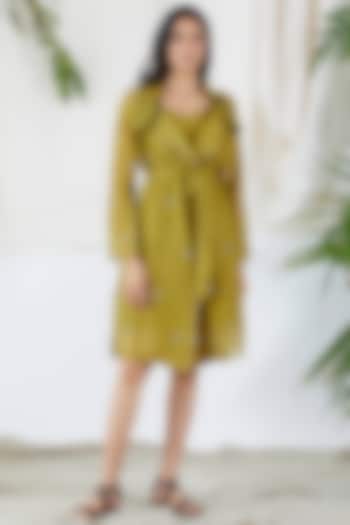 Mehendi Green Trench Coat With Dress by Devyani Mehrotra