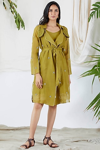 Mehendi Green Trench Coat With Dress by Devyani Mehrotra