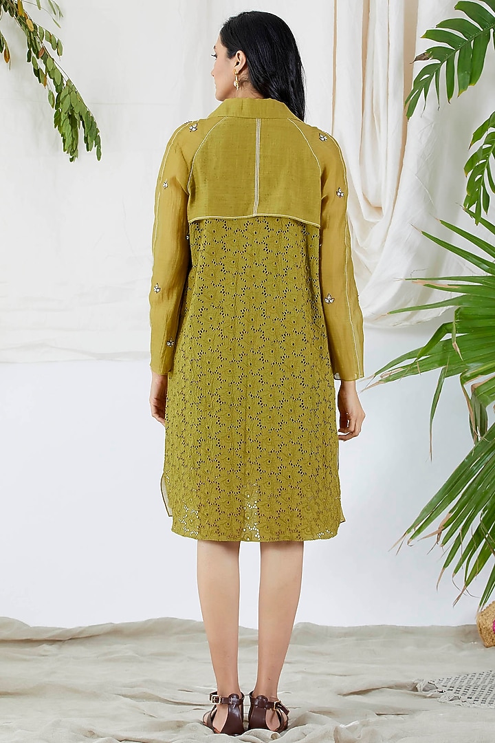 Mehendi Green Trench Coat With Dress by Devyani Mehrotra at Pernia's Pop Up Shop