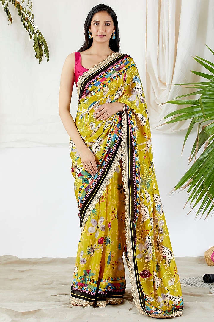 Yellow Viscose Silk Floral Printed Party Wear Saree Set by Devyani Mehrotra at Pernia's Pop Up Shop
