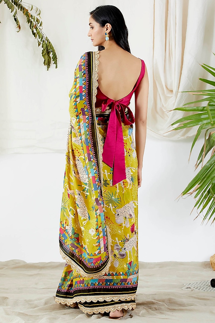 Yellow Viscose Silk Floral Printed Party Wear Saree Set by Devyani Mehrotra at Pernia's Pop Up Shop