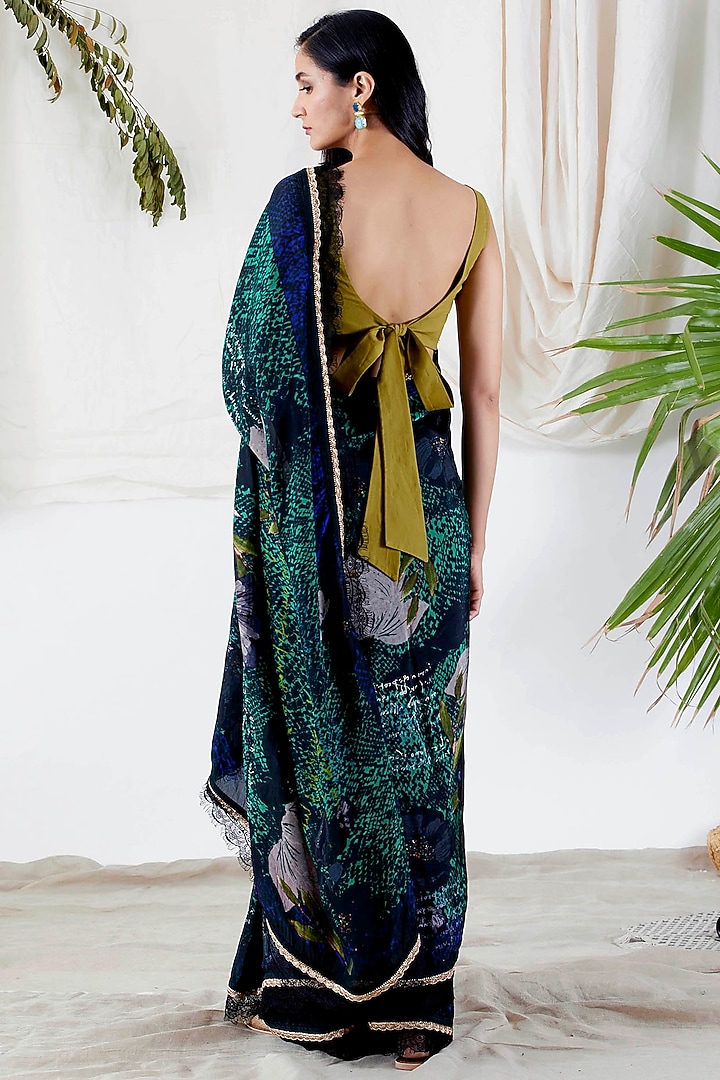 Emerald Green Viscose Silk Floral Printed Party Wear Saree Set by Devyani Mehrotra at Pernia's Pop Up Shop