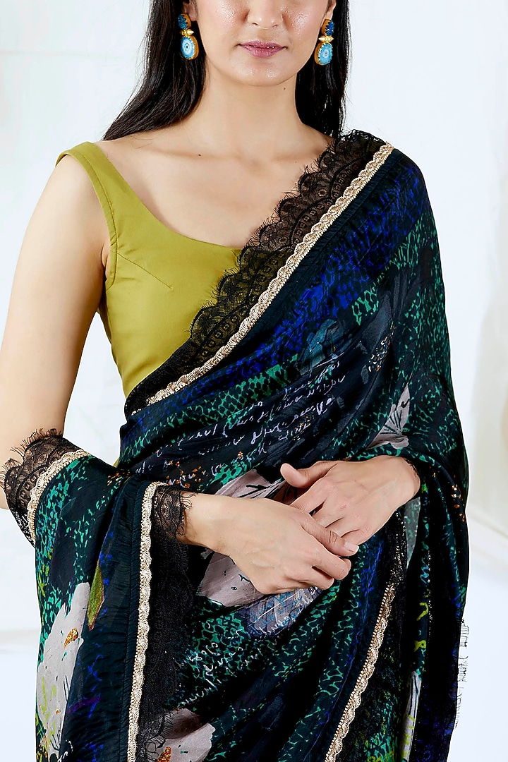 Emerald Green Viscose Silk Floral Printed Party Wear Saree Set by Devyani Mehrotra at Pernia's Pop Up Shop