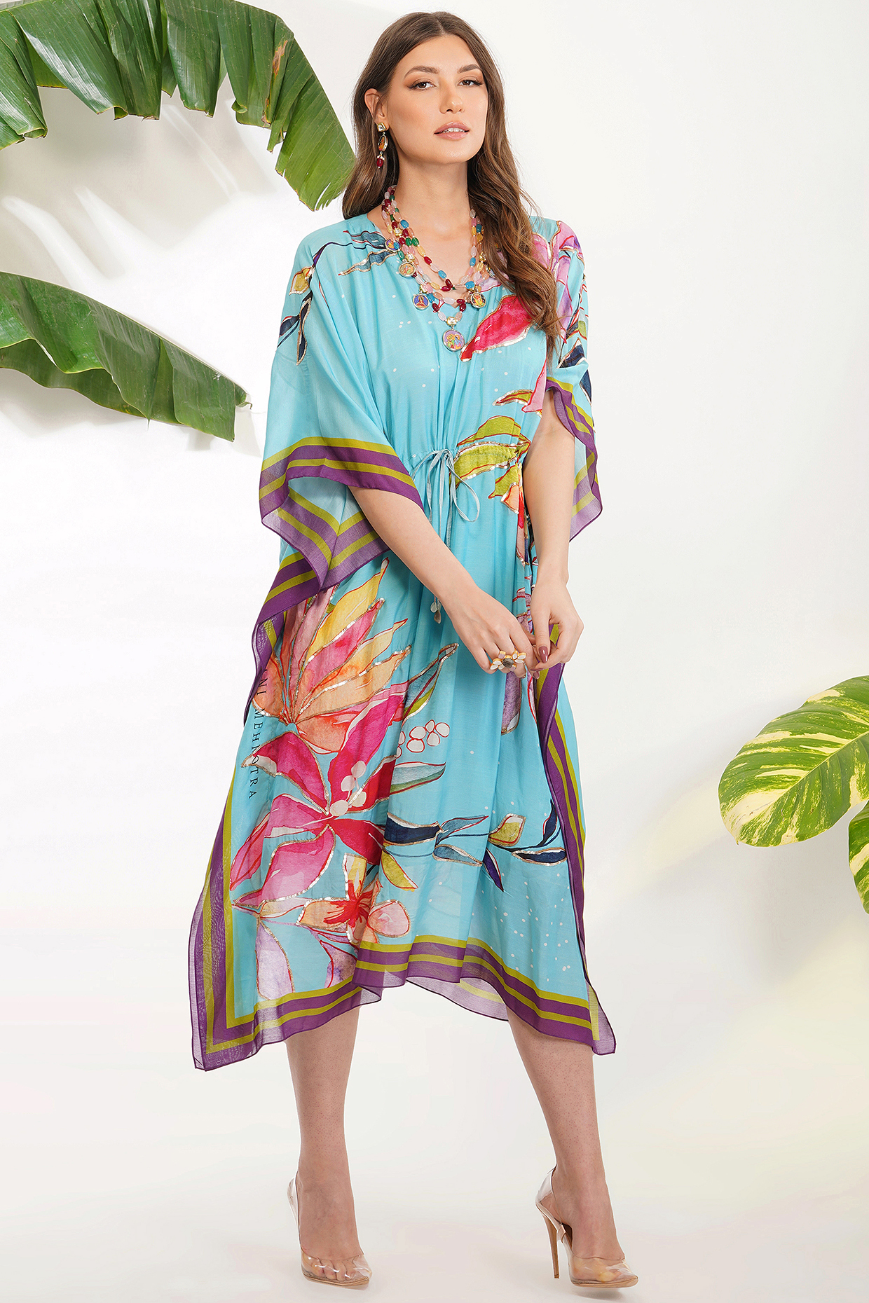 Sky Blue Printed Kaftan With Slip by Devyani Mehrotra at Pernia's Pop Up Shop