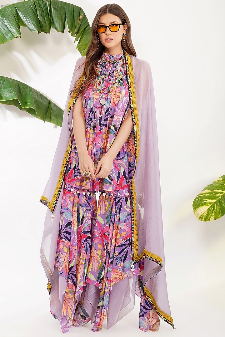 Purple Viscose Crepe Floral Printed Gharara Set by Devyani Mehrotra