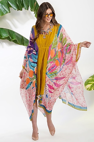 Yellow Printed Kaftan With Slip by Devyani Mehrotra
