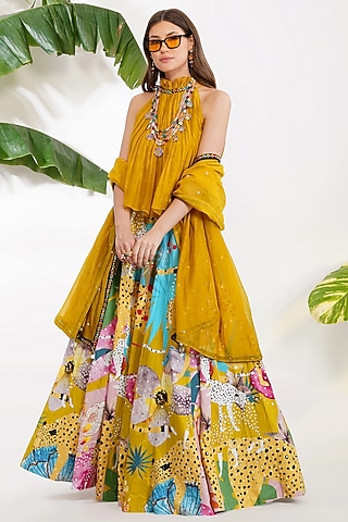 Yellow Printed Lehenga Set by Devyani Mehrotra