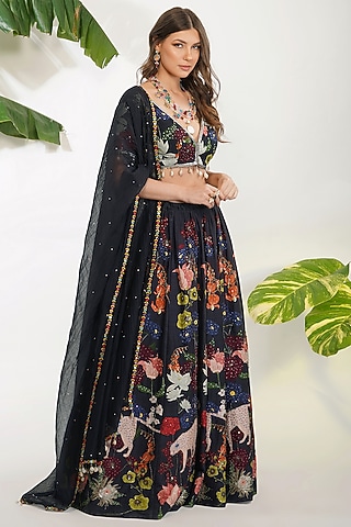 Black Printed Lehenga Set by Devyani Mehrotra