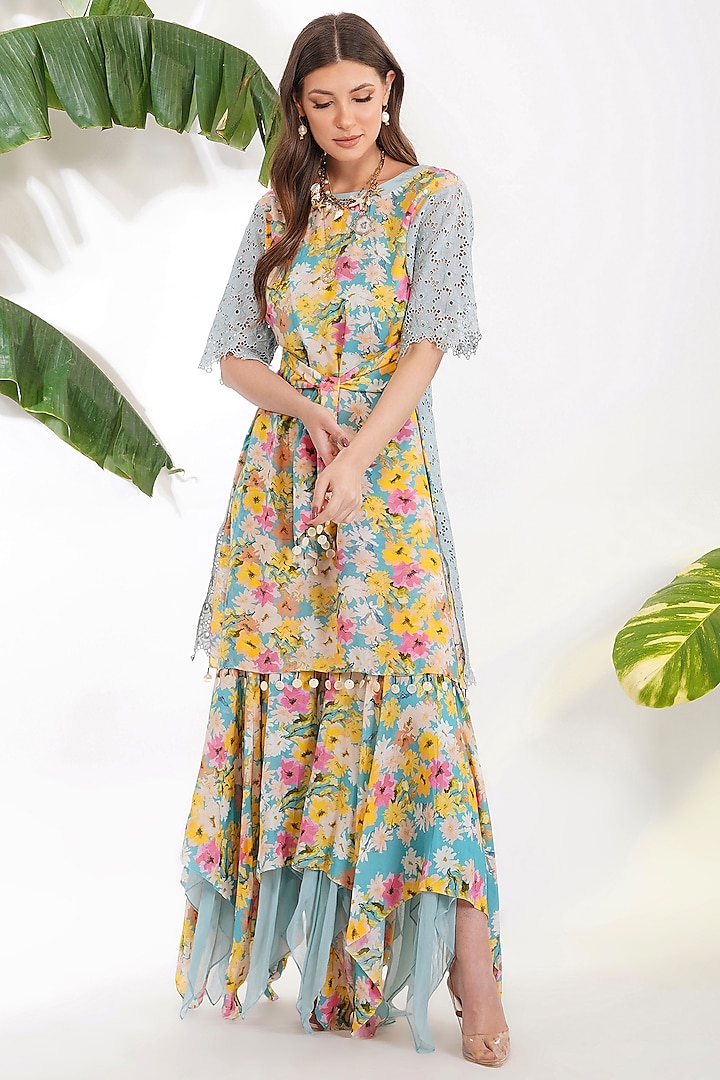 Sky Blue Cotton Silk Floral Printed Gharara Set by Devyani Mehrotra