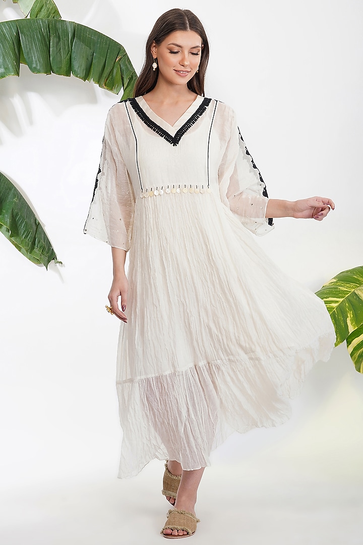 White Embroidered Maxi Dress by Devyani Mehrotra