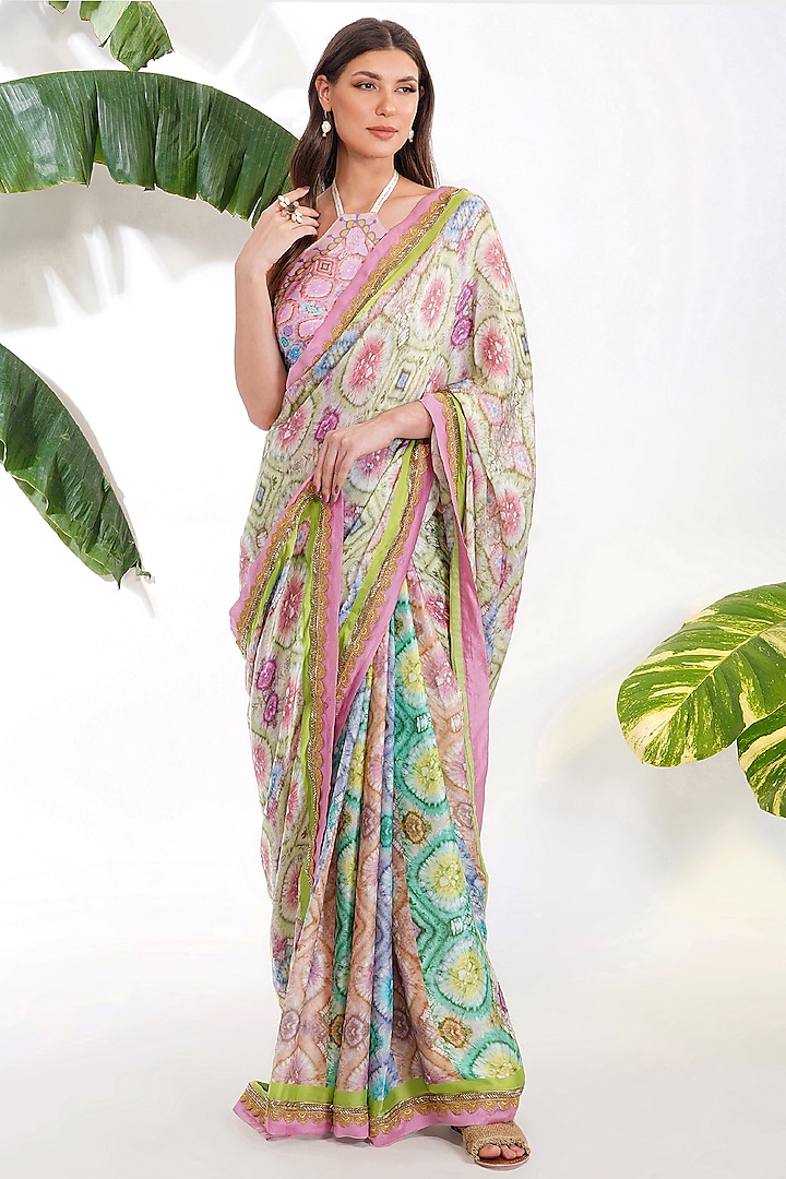 Mint Green Viscose Satin Georgette Printed Saree Set by Devyani Mehrotra at Pernia's Pop Up Shop