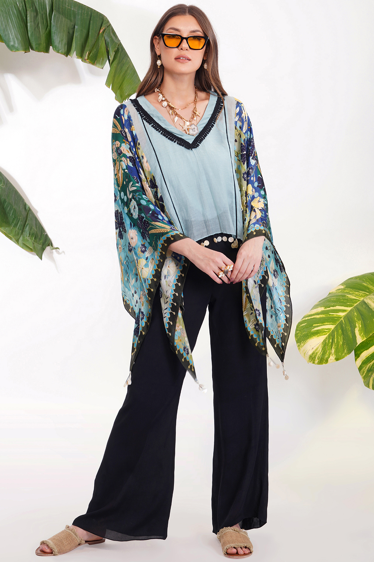 Sky Blue Embroidered Kaftan Top by Devyani Mehrotra at Pernia's Pop Up Shop