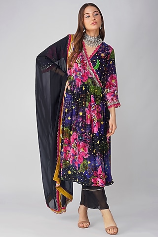 Black Crepe Floral Printed Angrakha Kurta Set by Devyani Mehrotra