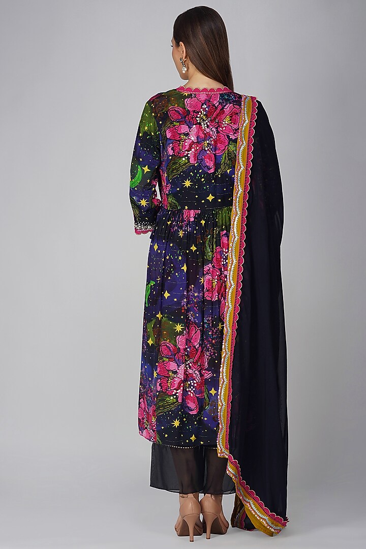 Black Crepe Floral Printed Angrakha Kurta Set by Devyani Mehrotra at Pernia's Pop Up Shop