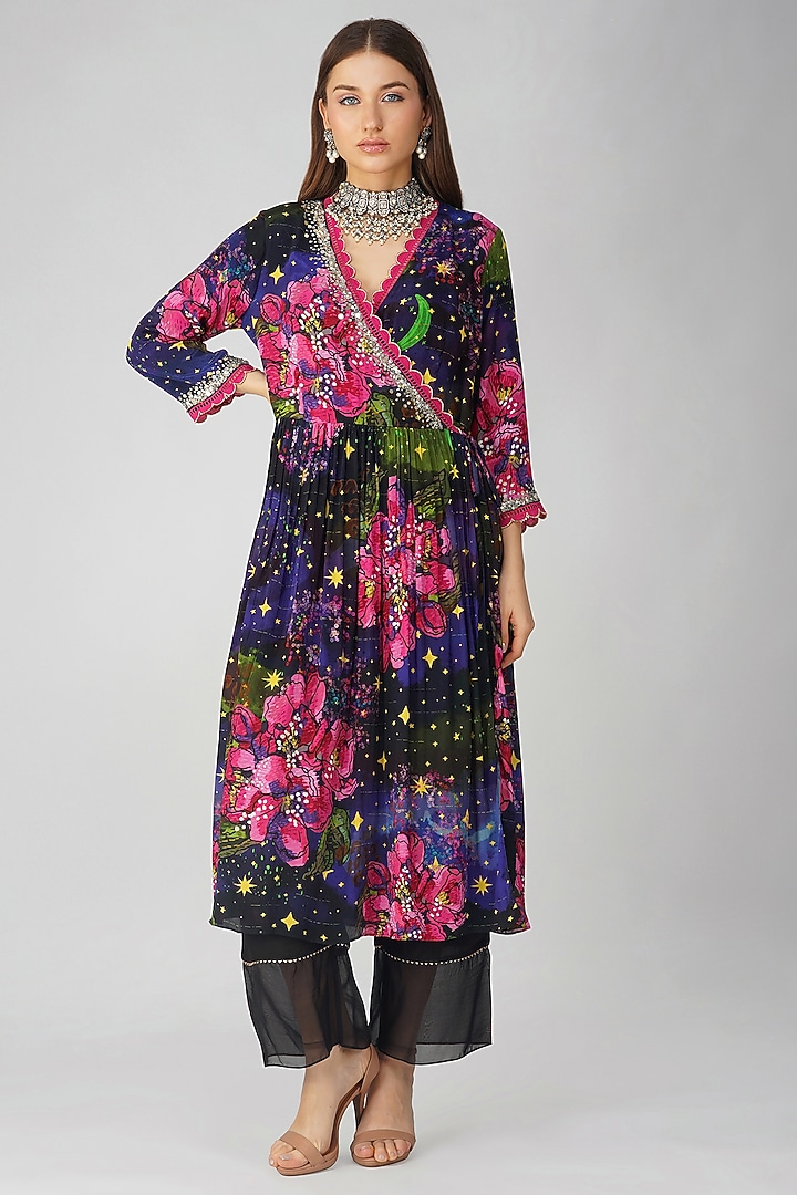 Black Crepe Floral Printed Angrakha Kurta Set by Devyani Mehrotra at Pernia's Pop Up Shop