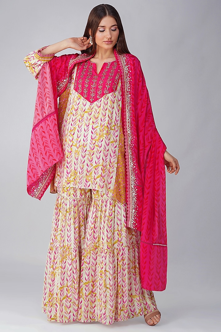 Blush Pink Crepe Printed Gharara Set by Devyani Mehrotra